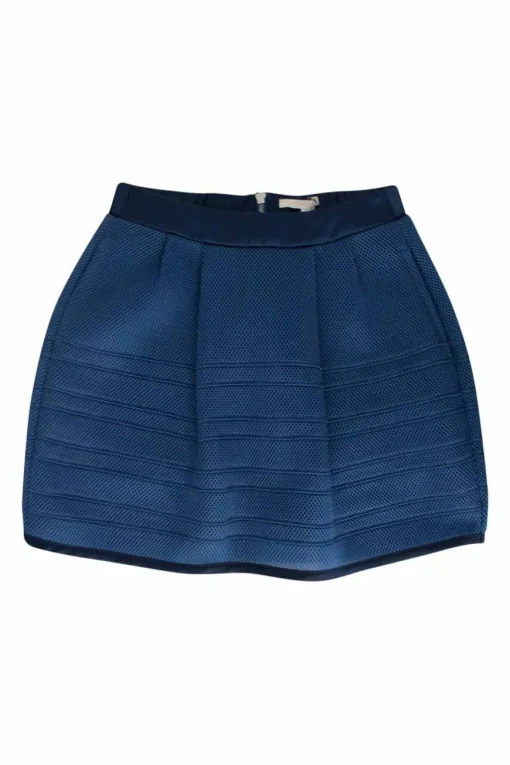 Blue high-waist lined mesh A-line skirt with navy waistband and back zip