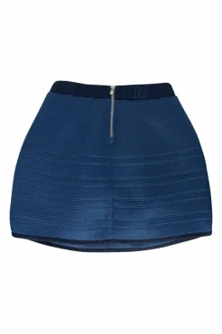 Blue high-waist lined mesh A-line skirt with navy waistband and back zip