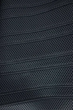 Blue high-waist lined mesh A-line skirt with navy waistband and back zip