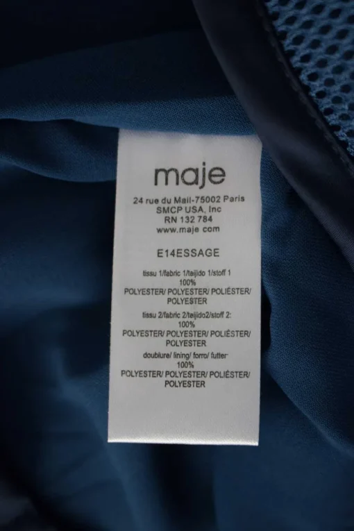 Blue high-waist lined mesh A-line skirt with navy waistband and back zip