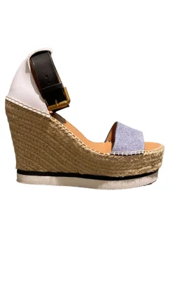 Blue leather and raffia Glyn espadrille wedge mignon sandal with buckle strap