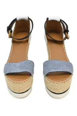 Blue leather and raffia Glyn espadrille wedge mignon sandal with buckle strap