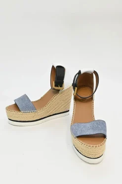 Blue leather and raffia Glyn espadrille wedge mignon sandal with buckle strap