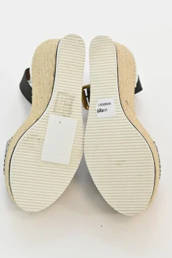 Blue leather and raffia Glyn espadrille wedge mignon sandal with buckle strap