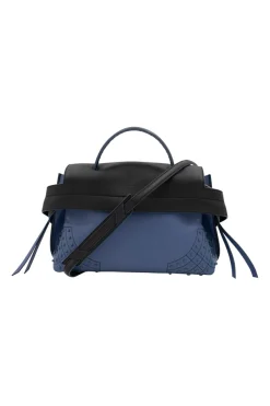 Blue leather bag with black flap and studs at corners, comes with shoulder strap