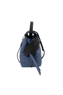 Blue leather bag with black flap and studs at corners, comes with shoulder strap