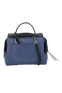 Blue leather bag with black flap and studs at corners, comes with shoulder strap