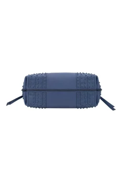 Blue leather bag with black flap and studs at corners, comes with shoulder strap
