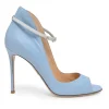 Blue leather peep-toe ankle booties with buckle strap fastening
