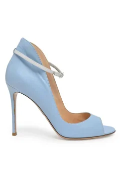 Blue leather peep-toe ankle booties with buckle strap fastening