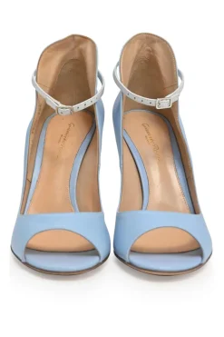 Blue leather peep-toe ankle booties with buckle strap fastening