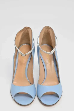 Blue leather peep-toe ankle booties with buckle strap fastening