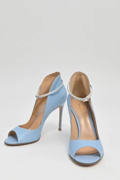 Blue leather peep-toe ankle booties with buckle strap fastening
