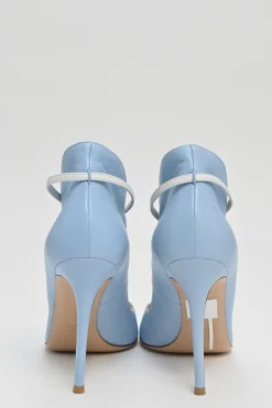 Blue leather peep-toe ankle booties with buckle strap fastening