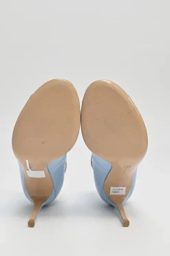 Blue leather peep-toe ankle booties with buckle strap fastening