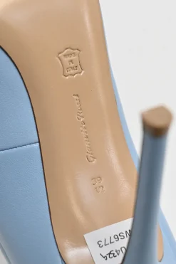 Blue leather peep-toe ankle booties with buckle strap fastening