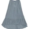 Blue linen-blend wide basket weave puff sleeve tie-front bandeau top and A-line midi skirt set
