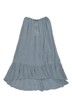 Blue linen-blend wide basket weave puff sleeve tie-front bandeau top and A-line midi skirt set