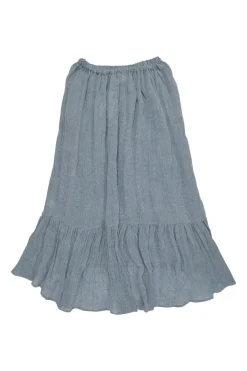 Blue linen-blend wide basket weave puff sleeve tie-front bandeau top and A-line midi skirt set