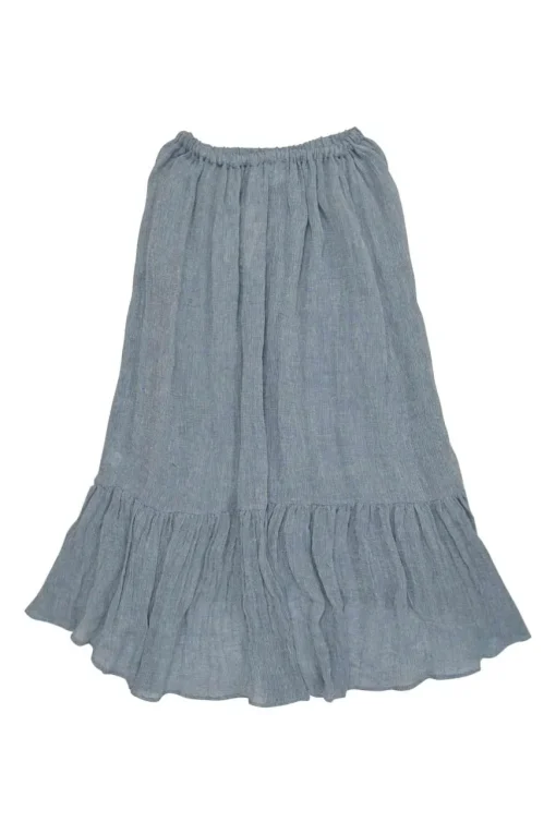 Blue linen-blend wide basket weave puff sleeve tie-front bandeau top and A-line midi skirt set