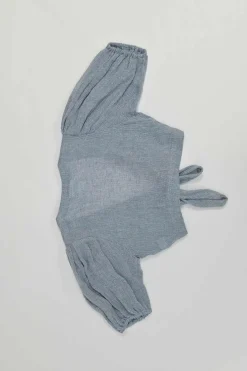 Blue linen-blend wide basket weave puff sleeve tie-front bandeau top and A-line midi skirt set
