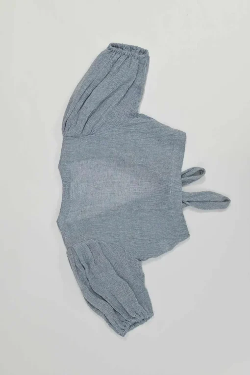 Blue linen-blend wide basket weave puff sleeve tie-front bandeau top and A-line midi skirt set