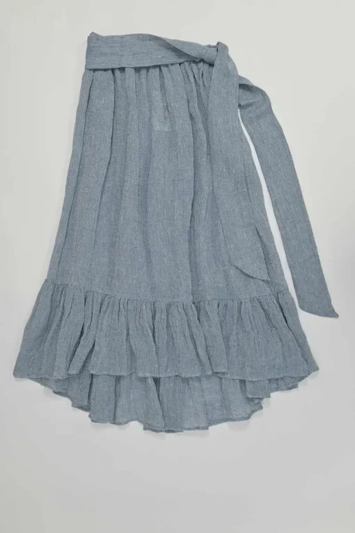 Blue linen-blend wide basket weave puff sleeve tie-front bandeau top and A-line midi skirt set