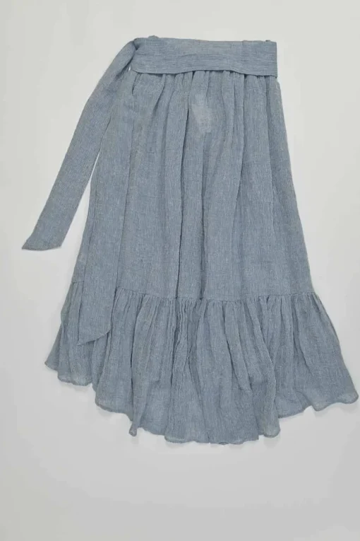 Blue linen-blend wide basket weave puff sleeve tie-front bandeau top and A-line midi skirt set
