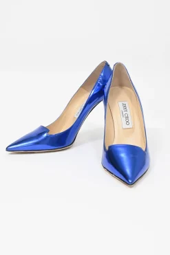 Blue mirrored leather Avril 100 pointed-toe pumps