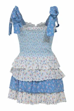 Blue paneled shirred cotton floral print two-piece set featuring ribbon-trap bustier top and tier ruffle drop-waist mini skirt