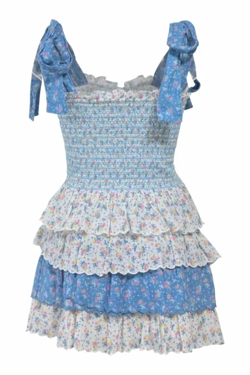 Blue paneled shirred cotton floral print two-piece set featuring ribbon-trap bustier top and tier ruffle drop-waist mini skirt