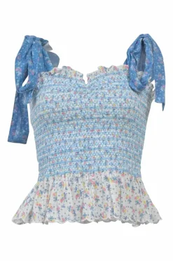 Blue paneled shirred cotton floral print two-piece set featuring ribbon-trap bustier top and tier ruffle drop-waist mini skirt