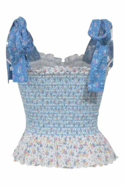 Blue paneled shirred cotton floral print two-piece set featuring ribbon-trap bustier top and tier ruffle drop-waist mini skirt