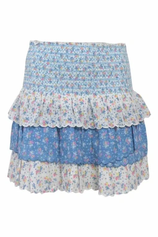 Blue paneled shirred cotton floral print two-piece set featuring ribbon-trap bustier top and tier ruffle drop-waist mini skirt