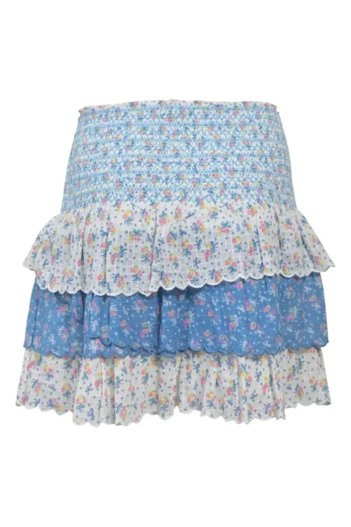 Blue paneled shirred cotton floral print two-piece set featuring ribbon-trap bustier top and tier ruffle drop-waist mini skirt