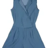 Blue polyester crêpe Freda wrap-effect notch collar tailored romper with semi-sheer yoke panel