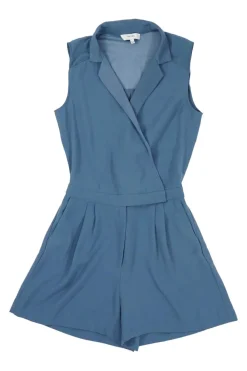 Blue polyester crêpe Freda wrap-effect notch collar tailored romper with semi-sheer yoke panel