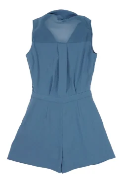 Blue polyester crêpe Freda wrap-effect notch collar tailored romper with semi-sheer yoke panel