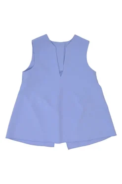Blue polyester swing-style button-back Y-collar top and mini skirt two-piece set