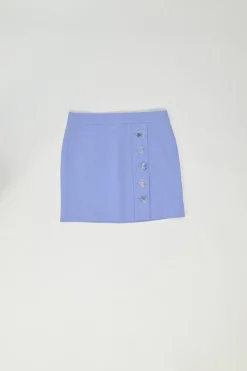 Blue polyester swing-style button-back Y-collar top and mini skirt two-piece set