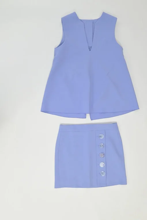 Blue polyester swing-style button-back Y-collar top and mini skirt two-piece set