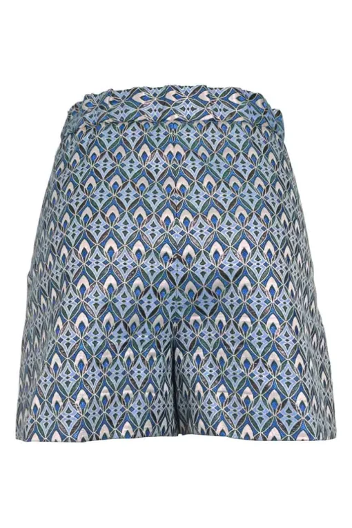 Blue polyester-blend abstract print pull-on high-rise tailored shorts with hip flap pockets