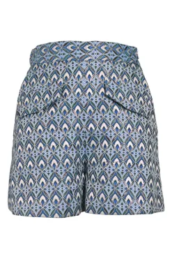 Blue polyester-blend abstract print pull-on high-rise tailored shorts with hip flap pockets