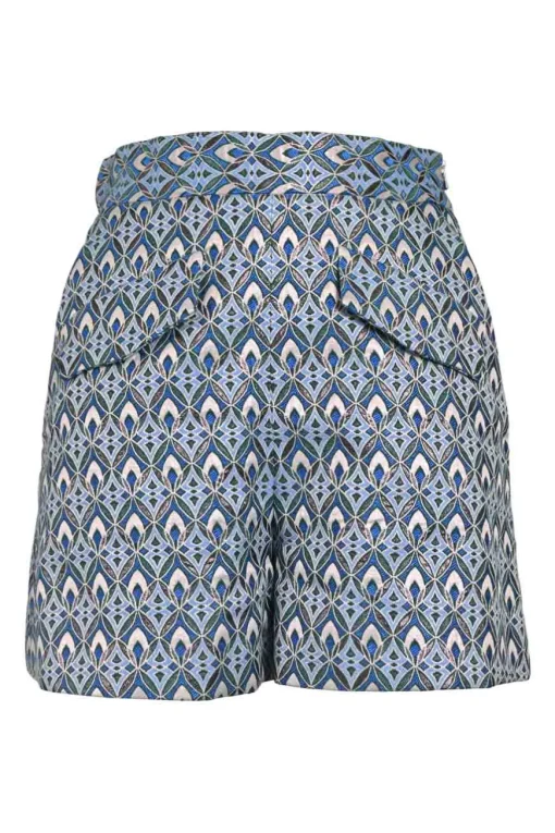 Blue polyester-blend abstract print pull-on high-rise tailored shorts with hip flap pockets