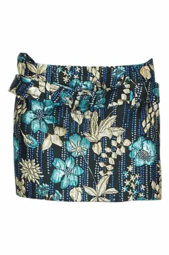 Blue polyester-blend belted metallic cloquet floral brocade mini skirt