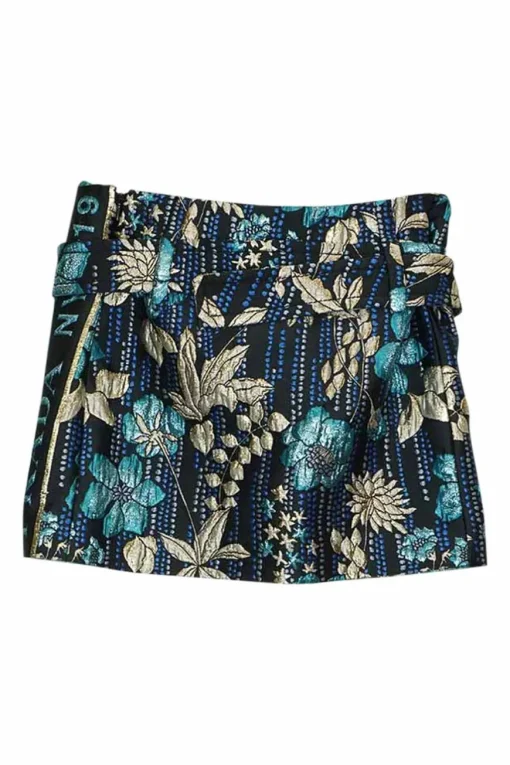 Blue polyester-blend belted metallic cloquet floral brocade mini skirt