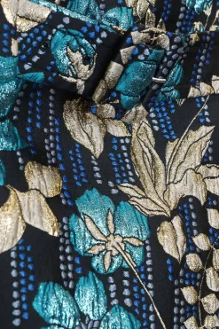 Blue polyester-blend belted metallic cloquet floral brocade mini skirt