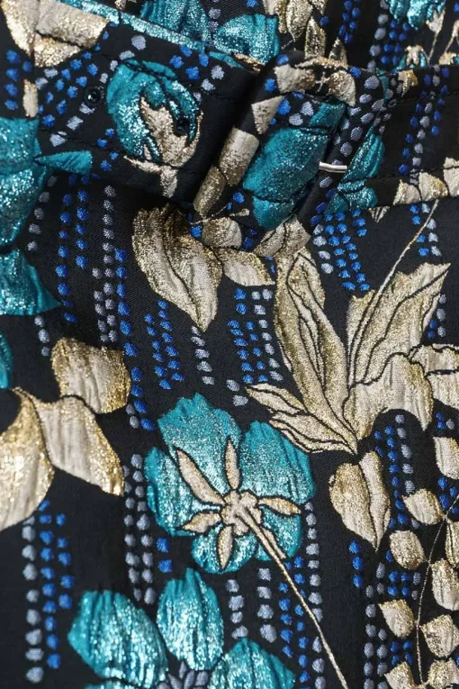 Blue polyester-blend belted metallic cloquet floral brocade mini skirt