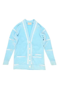 Blue polyester-blend glitter velour knit zip-trimmed cardigan