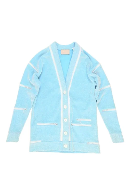 Blue polyester-blend glitter velour knit zip-trimmed cardigan
